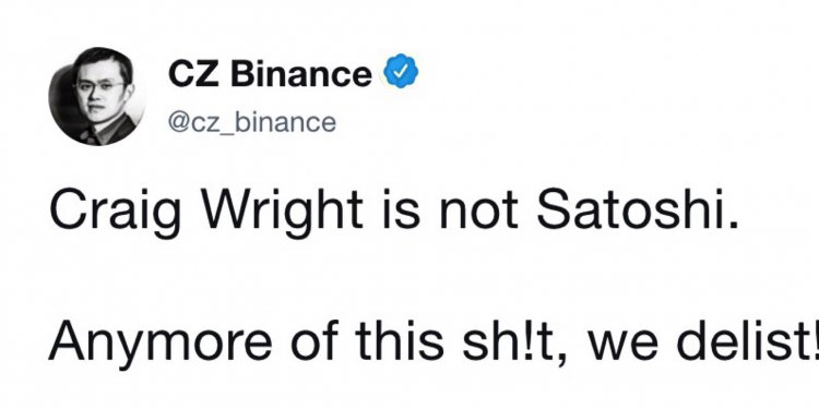 趙長鵬在推特上警告，如果澳本聰再不管好自己的嘴，幣安會下架 BSV