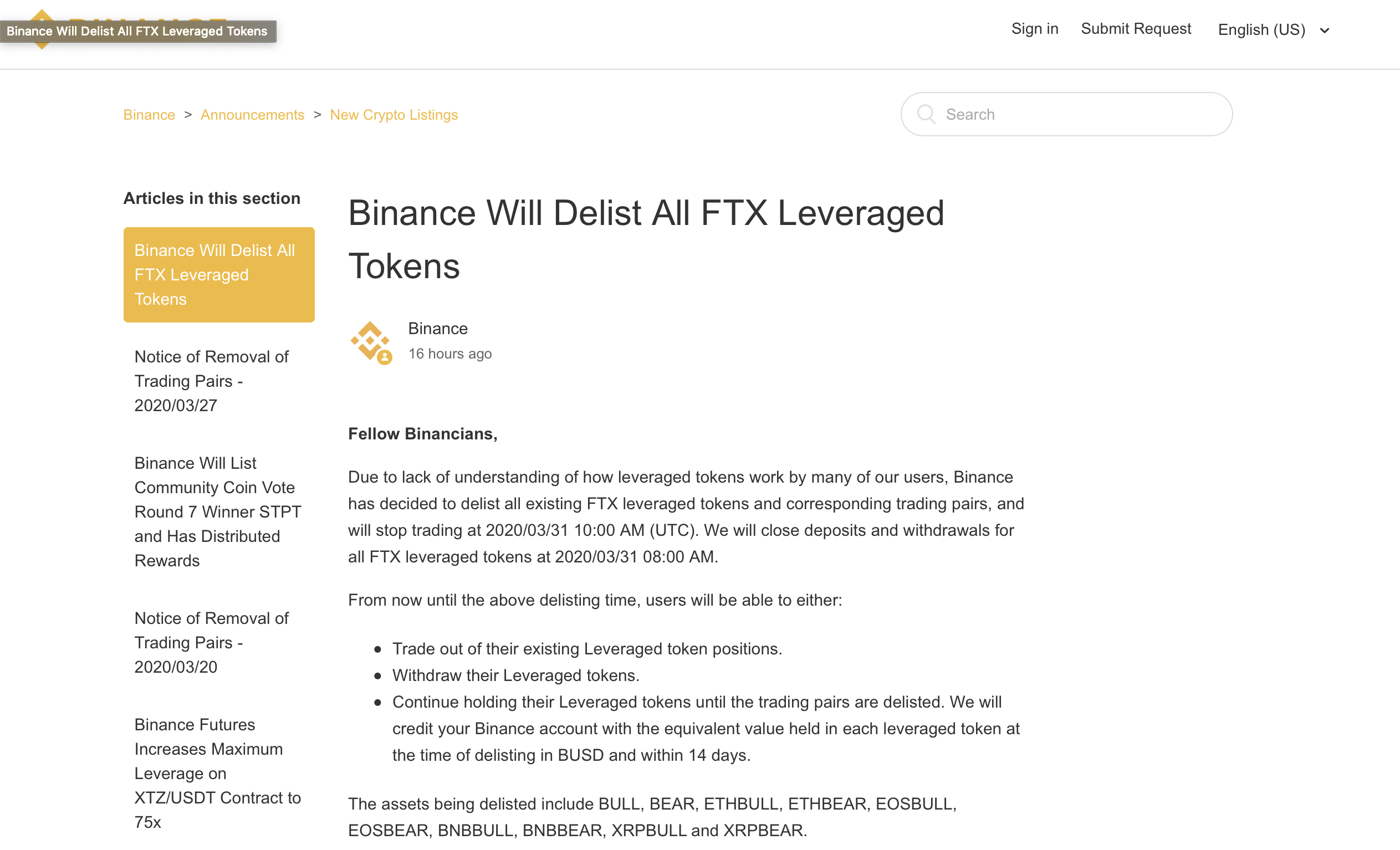 Binance Will Delist All FTX Leveraged Tokens