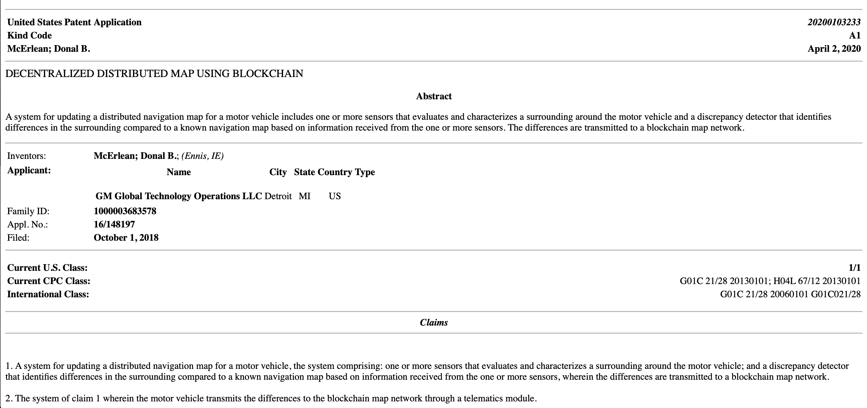 通用汽車 GM 的「區塊鏈去中心化分散式地圖」專利申請文件，目標超越特斯拉