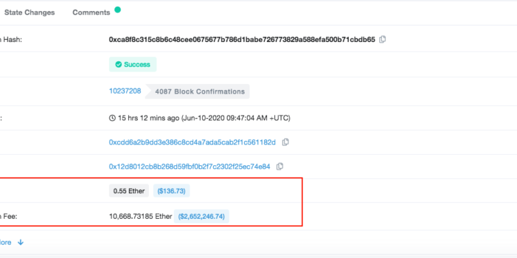 螢幕快照 2020-06-11 上午11.00.33 | 動區動趨-最具影響力的區塊鏈新聞媒體 最狂胖手指!有人轉帳「133美元」,卻付了「265萬美元」手續費,幸運礦工是星火礦池
