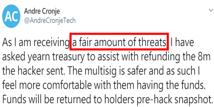 圖源:Andre Cronje on Twitter | 動區動趨-最具影響力的區塊鏈新聞媒體 YFI創辦人收死亡威脅!社群寫「告白信」打氣,能喚回Twitter消失多日的他嗎?