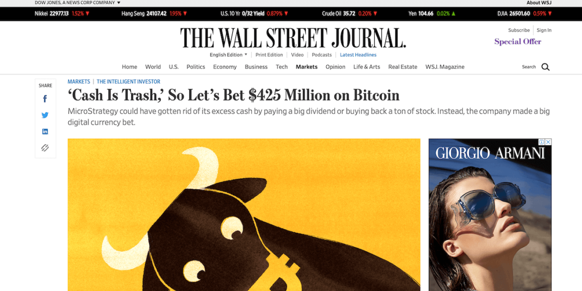 比特幣登上 Wall Street Journal 華爾街日報頭版(WSJ) | 動區動趨-最具影響力的區塊鏈新聞媒體 比特幣登上 Wall Street Journal 華爾街日報頭版(WSJ)