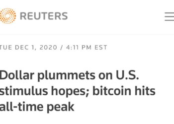 永存歷史｜礦池將路透社「12/1比特幣創歷史新高」頭條上鏈：刺激經濟計畫致美元暴跌