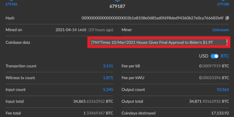 致敬中本聰！Coinbase歡慶上市，在比特幣鏈上寫入紐時頭版「1.9兆紓困案通關」