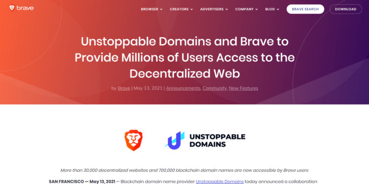 Brave瀏覽器已支援「區塊鏈域名訪問」功能，CTO : 用戶自決是去中心化網路的核心