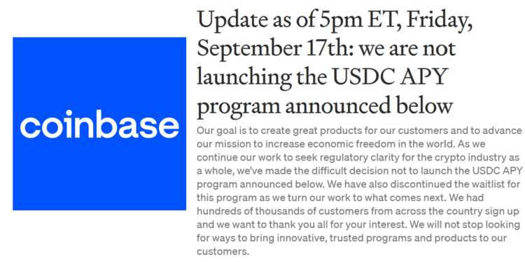 Coinbase :「我們做了艱難的決定」應SEC警告，撤回穩定幣借貸理財、數十萬人已註冊