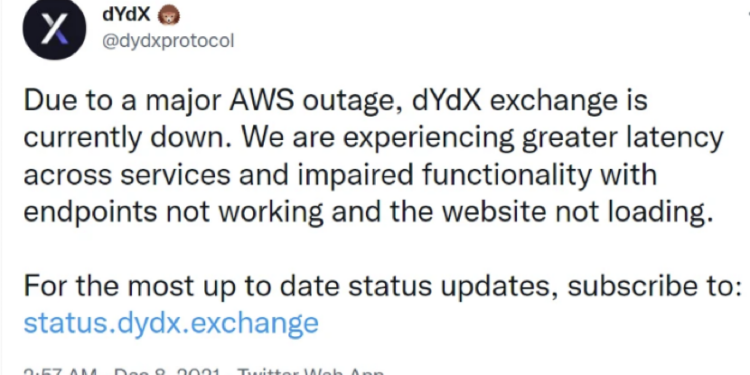 AWS interruption caused dydx to shut down-1 | 動區動趨-最具影響力的區塊鏈新聞媒體 DEX危機!亞馬遜AWS中斷曾致dYdX停擺,說好的「去中心化」是騙人的?