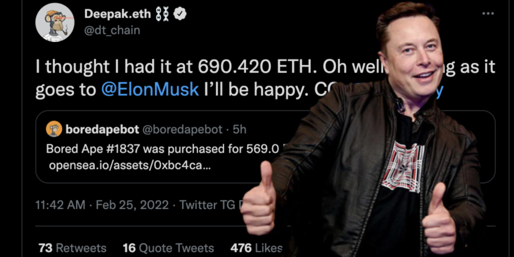 馬斯克買無聊猿NFT ?!  Deepak.eth稱他讓 Moonpay 以 569 ETH 代買