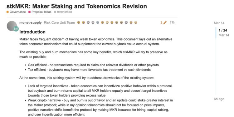 Web3央行｜MakerDAO 發布提案，擬推出新治理代幣 stkMKR 取代 MKR