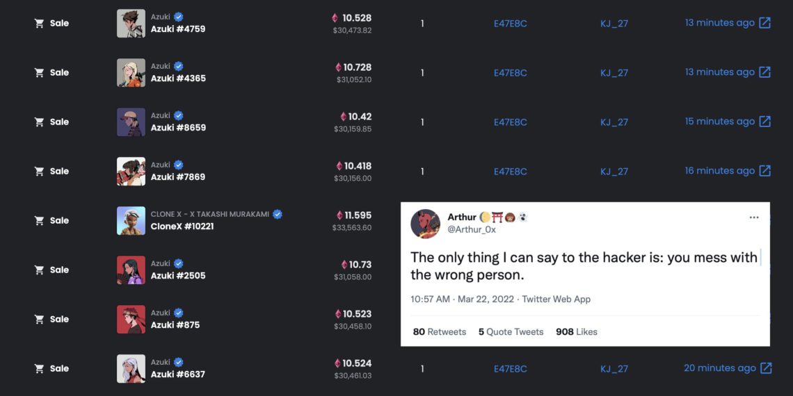 Xnip2022-03-22_12-12-31 | 動區動趨-最具影響力的區塊鏈新聞媒體 DeFiance Capital 創辦人驚傳被竊!損失 17 個 Azuki、1 個 CloneX ,價值 310 ETH