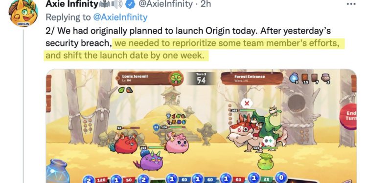 Axie Infinity宣布 : 因 Ronin 遇駭變故， “Origin” 改版推遲一週！Animoca Brands 正協助資金補償