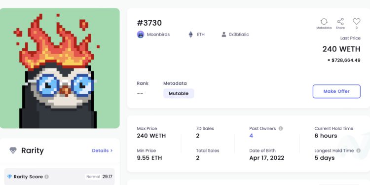 Moonbirds 以 240 ETH 歷史新高出售！但卻是套利機器人差價轉賣，現賺 180 ETH