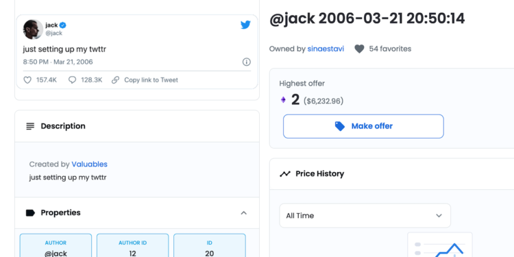 「Jack Dorsey 推特首推 NFT」14,969 顆以太幣掛賣，拍賣落幕最高出價僅 2  ETH