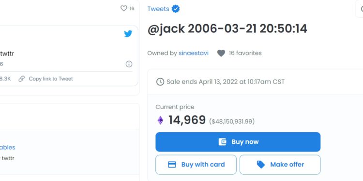 | 動區動趨-最具影響力的區塊鏈新聞媒體 Jack Dorsey「推特首推 NFT」以 14,969 顆以太幣掛單待售,價約 4,800 萬鎂