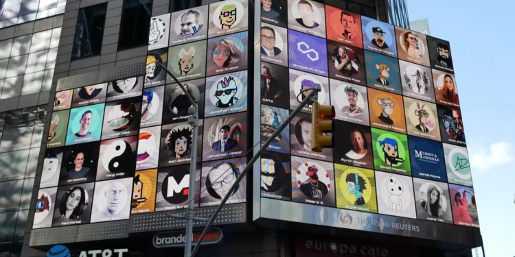 Billboards in New York City's Times Square showcased different digital art featuring NFTs all week during the conference. (Photo by Jack Stone Truitt)