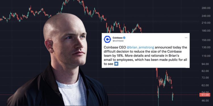 Coinbase宣布裁員18%、近千人失業！COIN跌破50鎂，多家企業伸橄欖枝