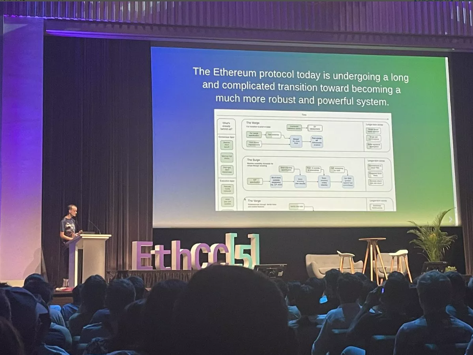 Vitalik 在ETHCC 演講畫面示意。圖片來源：Bitconomy