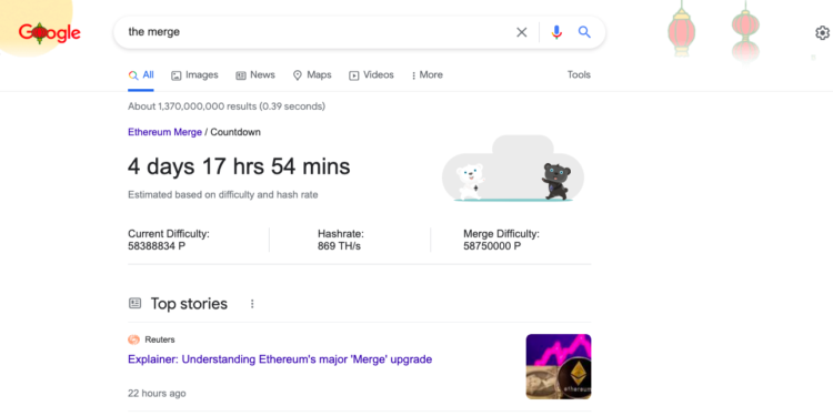 Google 搜尋提供「以太坊合併」倒數計時！顯示距離不到 5 天