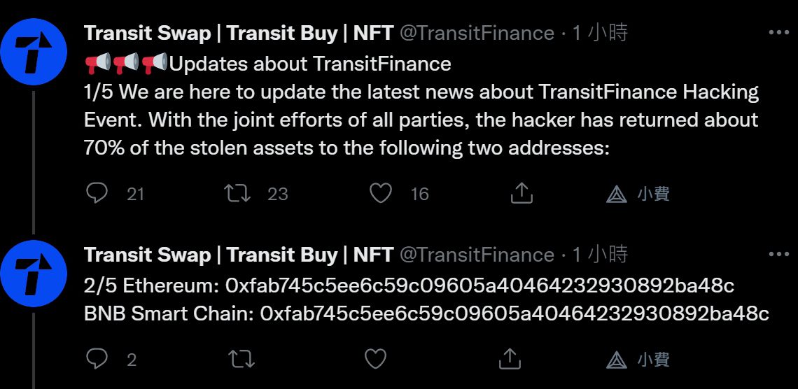 | 動區動趨-最具影響力的區塊鏈新聞媒體 駭客也輸套利機器人!Transit駭客攻擊被搶跑損107萬鎂;70%髒款已追回