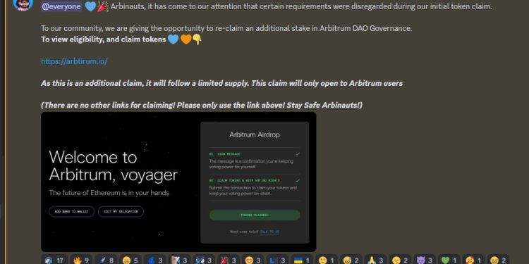 警示》Arbitrum官方 Discord 遭駭客入侵！發布空投釣魚連結；官方 : 狀況已解除