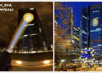 BTC攻佔歐洲央行！投影「巨型比特幣LOGO」金融叛客現場開趴