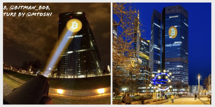 BTC攻佔歐洲央行！投影「巨型比特幣LOGO」金融叛客現場開趴