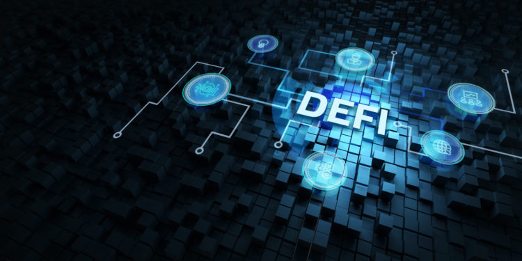 DeFi -Decentralized Finance on dark blue abstract polygonal background Concept of blockchain decentralized financial system | 動區動趨-最具影響力的區塊鏈新聞媒體 DeFi 是什麼?詳解去中心化金融的「收益來源」與「背後風險」
