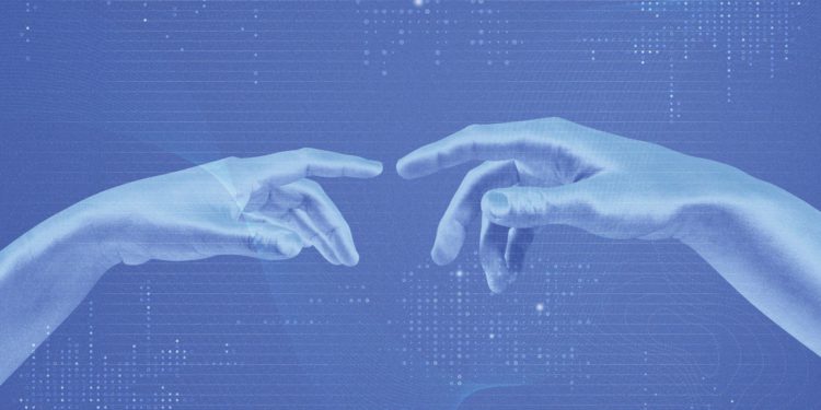 ai-digital-transformation-background-blue-with-robotic-hands-remixed-media | 動區動趨-最具影響力的區塊鏈新聞媒體 AI 正在融合Web3!為NFT和數位藝術添「新料」
