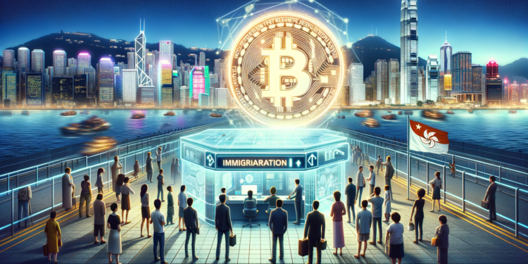 An imaginative concept art depicting the idea of using Bitcoin to gain residency in Hong Kong The scene shows a bustling futuristic Hong Kong skylin | 動區動趨-最具影響力的區塊鏈新聞媒體 買100顆比特幣就能移民香港?立法議員促:將BTC納入投資移民資產