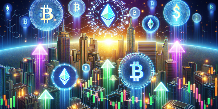 DALLE 2023-11-03 112209 - Illustration of a vibrant virtual marketplace with various cryptocurrency symbols like Bitcoin and Ethereum ascending against a backdrop of a digitize 1 | 動區動趨-最具影響力的區塊鏈新聞媒體 11月快速掃描》哪些加密專案,能成為牛市催化劑?