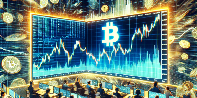 DALLE 2023-11-03 200442 - Photo showing a dynamic display of Bitcoins price volatility with a large screen showing the sharp rises and falls of a price chart traders of vario | 動區動趨-最具影響力的區塊鏈新聞媒體 LTP Research十月加密市場觀察: 比特幣價格、波動性和交易量激增