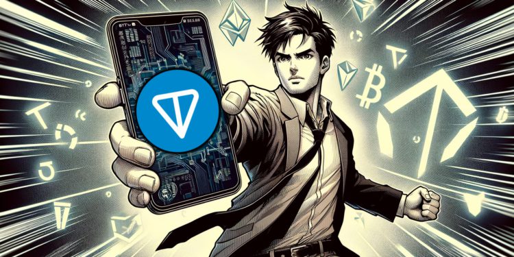DALLE 2023-11-08 174003 - A male character in a dynamic pose holding a smartphone prominently displaying the TON cryptocurrency logo on its screen The character is drawn in a | 動區動趨-最具影響力的區塊鏈新聞媒體 觀點》Microcosm Labs:「TON+Telegram」超越微信,打造全球化金融樞紐公鏈