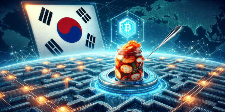 DALLE-2023-11-10-150854-Create-a-wide-image-that-symbolizes-blockchain-technology-with-a-clear-reference-to-a-South-Korean-exchange-by-integrating-the-image-of-kimchi-to-sig-1 | 動區動趨-最具影響力的區塊鏈新聞媒體 牛市徵兆?泡菜溢價回歸!韓國交易所 Upbit、Bithumb 比特幣均溢價 1,300 美元