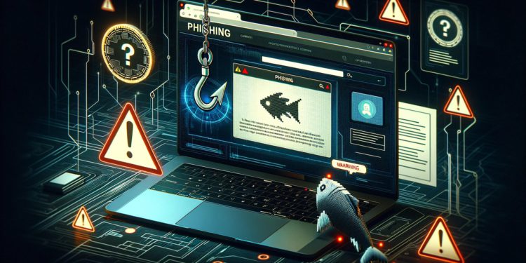 DALLE 2023-11-14 101920 - An image in a 2_1 aspect ratio depicting a phishing scam in the style of cryptocurrency The scene includes a fake cryptocurrency exchange website on | 動區動趨-最具影響力的區塊鏈新聞媒體 新型錢包詐騙!公鏈轉帳地址真相是「釣魚網址」,慢霧:場外交易特別注意