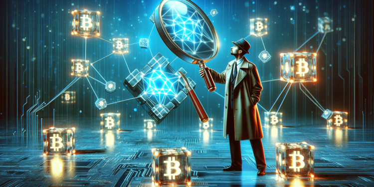 DALLE 2023-11-15 113304 - A digital art concept depicting a detective searching for money on a blockchain with a magnifying glass hovering over glowing blockchain links The d 1 | 動區動趨-最具影響力的區塊鏈新聞媒體 自救指南》加密貨幣傳錯網路地址怎麼辦,還能找回來嗎?該如何避免失誤