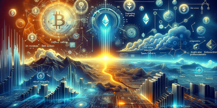 DALLE 2023-11-21 113656 - A conceptual digital artwork visualizing the theme Maker Protocol and Spark Lend Innovation The image should depict a dynamic and futuristic financ 1 | 動區動趨-最具影響力的區塊鏈新聞媒體 MakerDAO預熱牛市?提高Spark Lend「DAI債務上限」至8億枚、BTC和ETH供應翻倍