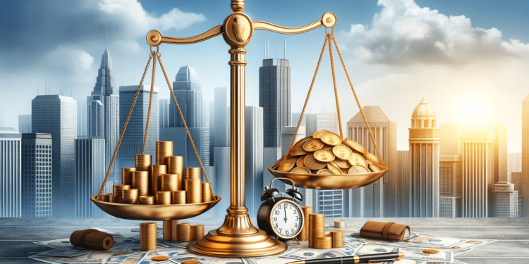 DALLE 2023-11-22 105605 - A digital illustration for a financial news article featuring a large balance scale in the center On one side of the scale theres a pile of gold c 1 | 動區動趨-最具影響力的區塊鏈新聞媒體 聯準會公布11月 FOMC 會議紀錄:謹慎觀察通膨,不排除進一步升息