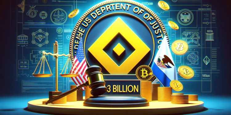DALLE 2023-11-22 161721 - An image for an article headline featuring the Binance logo and the US Department of Justice logo Include a large number 43 billion USD to represe 1 | 動區動趨-最具影響力的區塊鏈新聞媒體 幣安43億鎂罰款或「全現金支付」無須賣幣;新任CEO自信:業務基礎極穩
