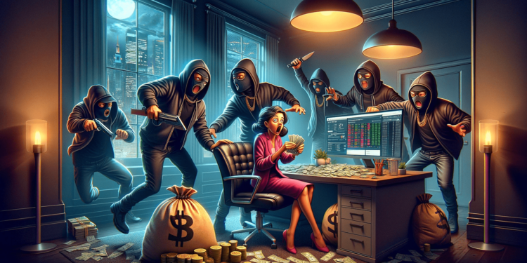 DALLE 2023-11-24 123352 - A dramatic and intense scene depicting a virtual currency heist in a cartoon style The setting is a dimly lit sophisticated office space with a lar 1 | 動區動趨-最具影響力的區塊鏈新聞媒體 香港女OTC遭搶350萬港元USDT,3劫匪判刑出爐