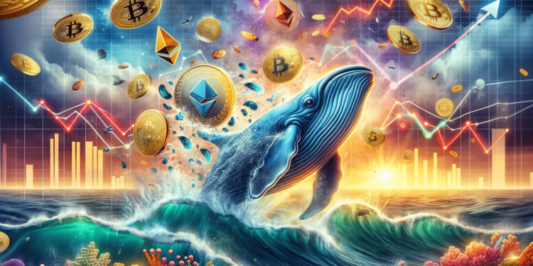 DALLE 2023-11-24 165810 - An imaginative illustration showcasing the concept of a cryptocurrency market represented by a giant whale leaping back into the ocean with coins and 2 | 動區動趨-最具影響力的區塊鏈新聞媒體 Blur上架幣安一小時跳漲20%!24隻巨鯨屯幣6000萬枚,$BLUR還能漲?