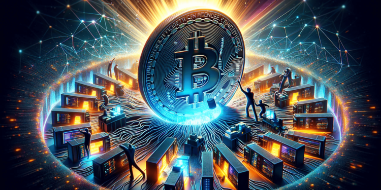 DALLE 2023-11-24 180948 - A digital artwork depicting the theme of Bitcoin mining and censorship for an article header The image includes a large Bitcoin symbol in the center 2 | 動區動趨-最具影響力的區塊鏈新聞媒體 F2Pool承認封鎖OFAC制裁地址,社群罵爆急轉彎:即刻暫停