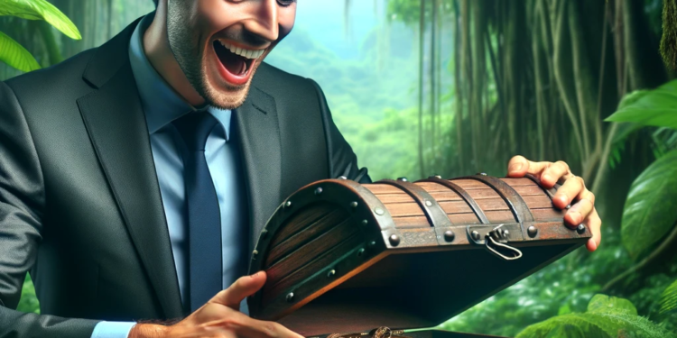 DALLE 2023-11-27 135710 - A man in a suit joyfully discovering a treasure chest in the jungle He is excitedly opening the chest revealing a thrilled smile on his face The i | 動區動趨-最具影響力的區塊鏈新聞媒體 先懂看「流量」,七年經驗教你找牛市潛力專案