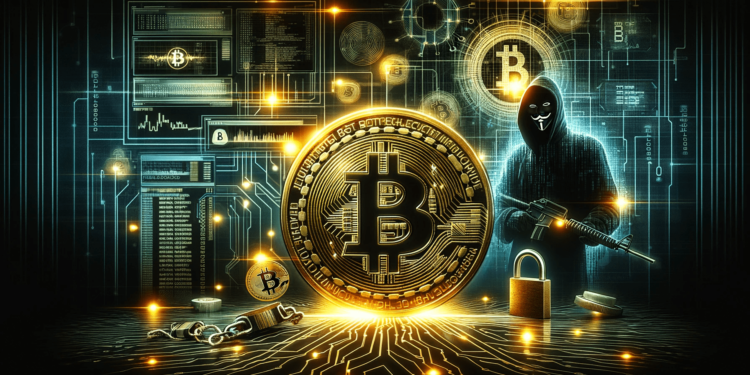 DALLE 2023-11-28 131550 - Digital artwork for an article headline depicting a Bitcoin transaction with a theme of hacking and security The image shows a large golden Bitcoin 1 | 動區動趨-最具影響力的區塊鏈新聞媒體 不是按錯?比特幣交易花「310萬鎂」手續費苦主:是遭駭客攻擊