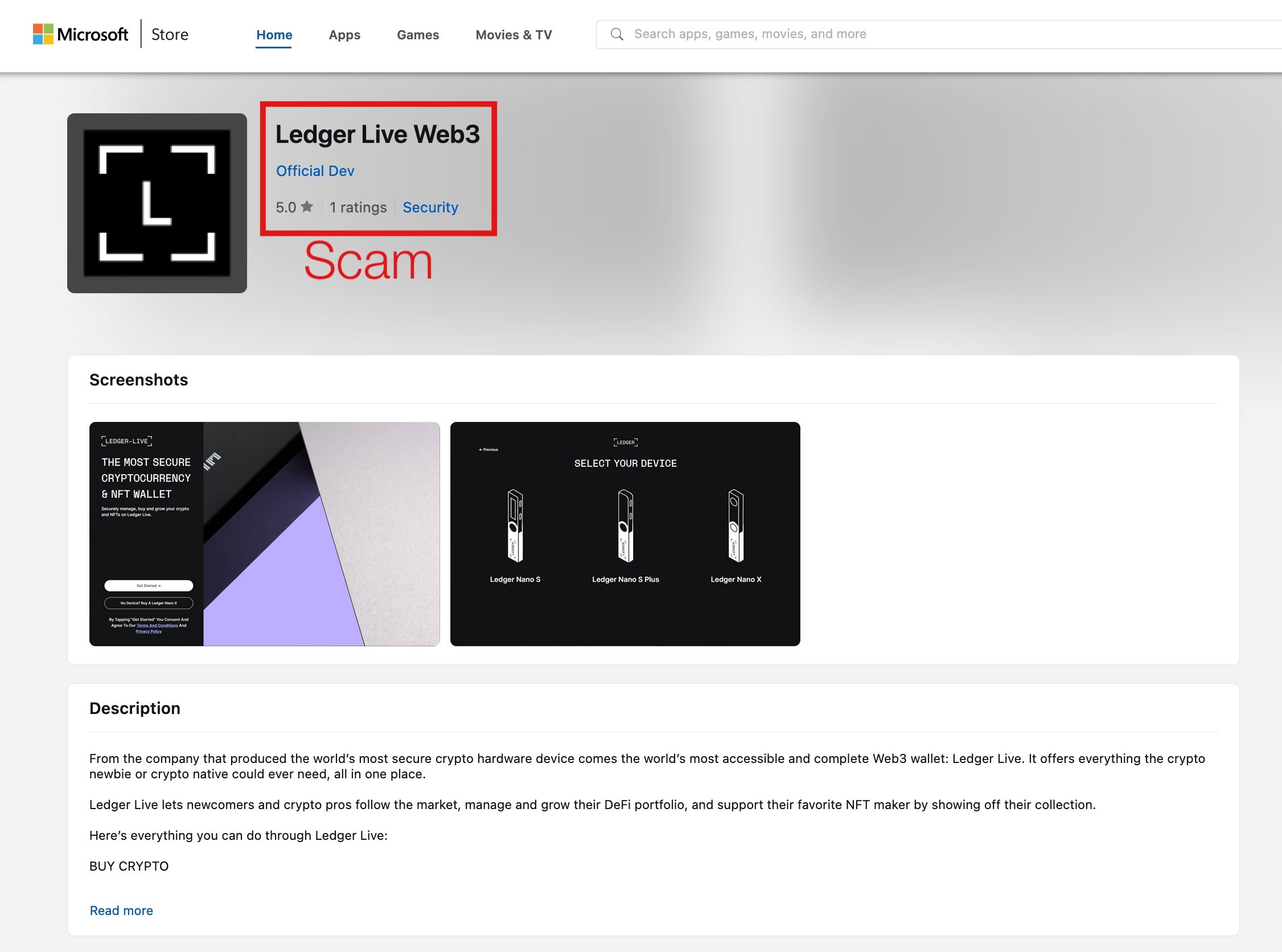 微軟app商店上架假 Ledger｜Source：ZachXBT