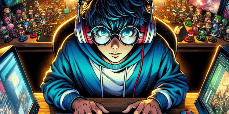 DALLE-2023-11-10-115616-An-image-of-a-comic-style-game-player-who-looks-very-nerdy-surrounded-by-multiple-computer-screens-glowing-keyboard-and-mouse-The-player-is-wearing-1-750x536 | 動區動趨-最具影響力的區塊鏈新聞媒體 全鏈遊戲的創新?將P2Pool匹配機制結合鏈遊