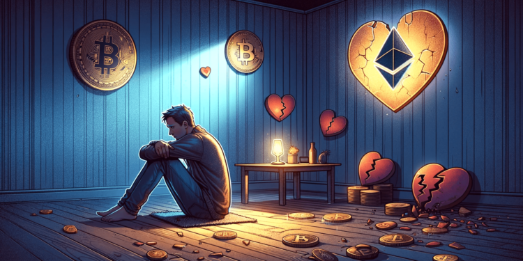 DALLE 2023-12-01 124759 - An illustration showing a man sitting alone in a dimly lit room looking forlorn and contemplative Hes surrounded by symbols of virtual currencies l 1 | 動區動趨-最具影響力的區塊鏈新聞媒體 台男玩交友軟體遇「愛情Rug Poll」:虛擬貨幣賺了180萬,她在詐騙我嗎?