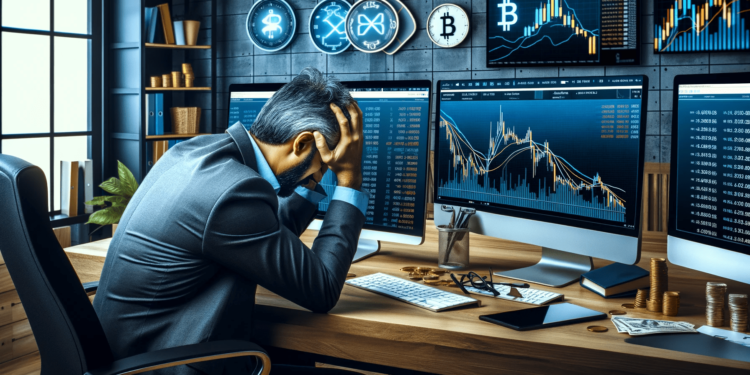 DALLE 2023-12-07 155423 - A frustrated cryptocurrency stock trader who is upset due to a loss caused by the rise of cryptocurrency The image features the trader a middle-aged 2 | 動區動趨-最具影響力的區塊鏈新聞媒體 空頭慘虧26億美元!加密貨幣概念美股 Coinbase、Microstrategy..大豐收