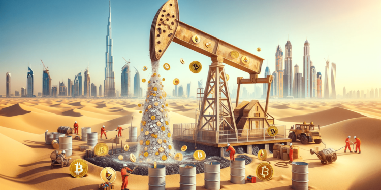 DALLE 2023-12-08 155849 - A creative digital illustration set in Dubai showing an oil drilling site where instead of oil cryptocurrency coins are being unearthed The scene 1 | 動區動趨-最具影響力的區塊鏈新聞媒體 杜拜加密市場研究報告》監管方向及未來趨勢