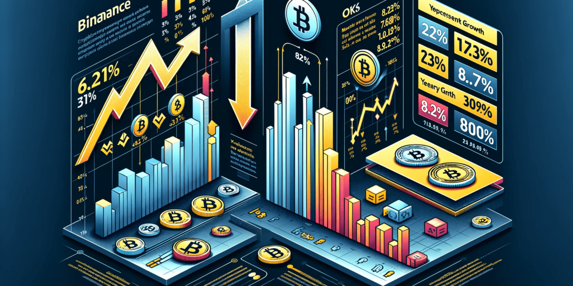 DALLE 2023-12-12 110230 - A detailed infographic highlighting the recent changes in cryptocurrency exchange market shares_ A bar chart showing Binances market share dropping t 2 | 動區動趨-最具影響力的區塊鏈新聞媒體 交易所巨變》幣安年初6成市占率「僅剩38%」,OKX年增一倍