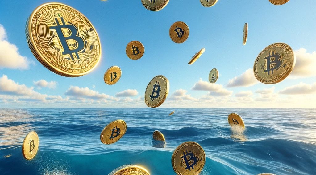DALLE 2023-12-12 172647 - A hyper-realistic scene depicting bitcoins falling from the sky into the ocean The sky is clear and sunny with a few scattered clouds The bitcoins | 動區動趨-最具影響力的區塊鏈新聞媒體 比特幣暴跌「30分鐘抹去一週漲幅」!CNBC:投資者獲利拋售